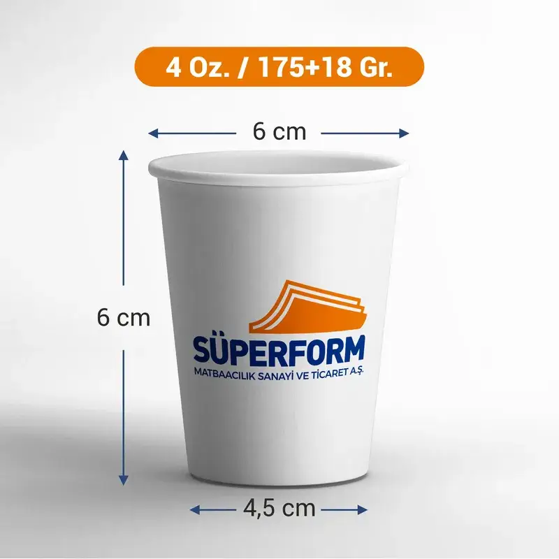 4 oz karton bardak: 6 cm yükseklik, 6 cm ağız, 4,5 cm taban, 175+18 g