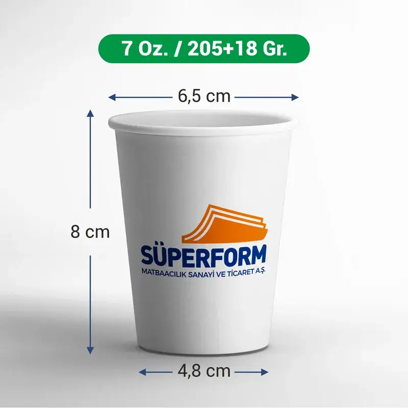 7 oz karton bardak: 8 cm yükseklik, 6,5 cm ağız, 4,8 cm taban, 205+18 g