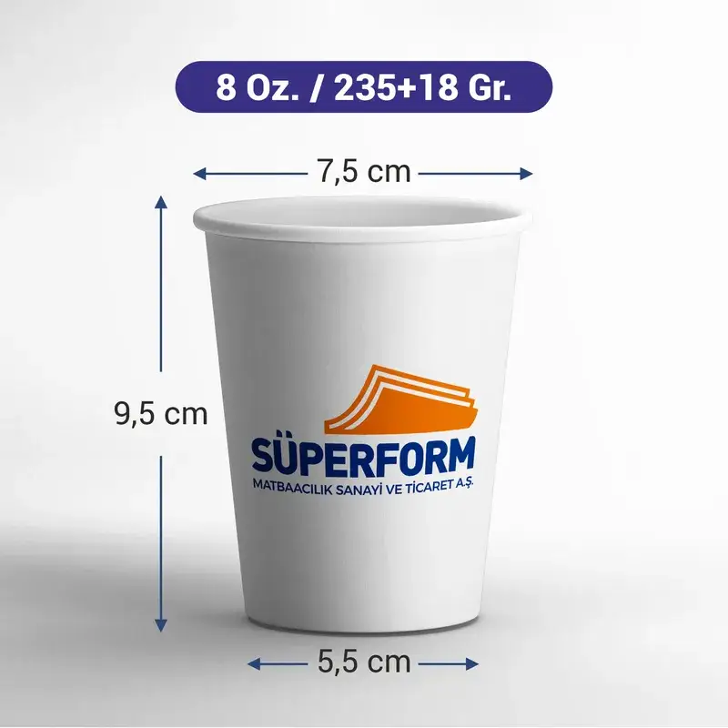 8 oz karton bardak: 9,5 cm yükseklik, 7,5 cm ağız, 5,5 cm taban, 235+18 g