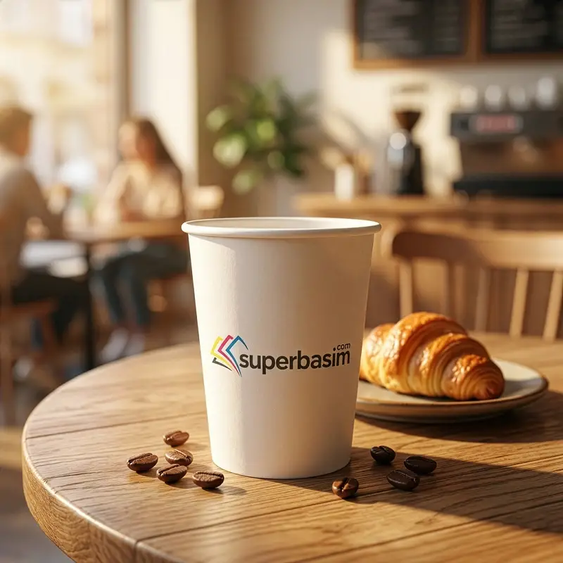 Logo baskılı beyaz karton bardak, kafe masasında