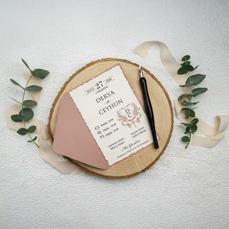 Ekonom 9225 toz pembe kılıf, krem-beyaz kart, kenarı elde yırtılmış hissi veren davetiye, ikinci görünüm