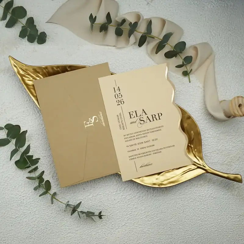 Ekonom 9252 kum bej-altın zarf, krem, dalgalı kenarlı kart davetiye