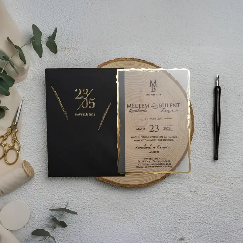 Ekonom 9261 siyah zarf, şeffaf (akrilik) kart, altın kenarlı davetiye