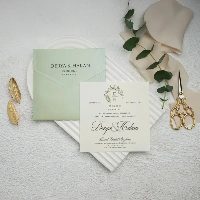 Ekonom 9307 nane yeşili zarf, beyaz kart davetiye