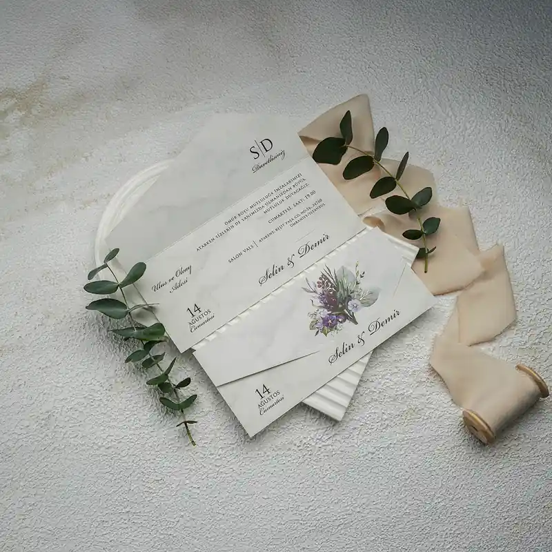 Ekonom 9315 şeffaf (vellum) bant, şeffaf kart, mor-lila çiçek davetiye, ikinci görünüm