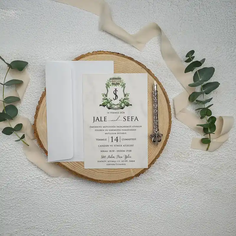 Ekonom 9343 beyaz zarf, beyaz, yeşil çelenk monogramlı kart davetiye