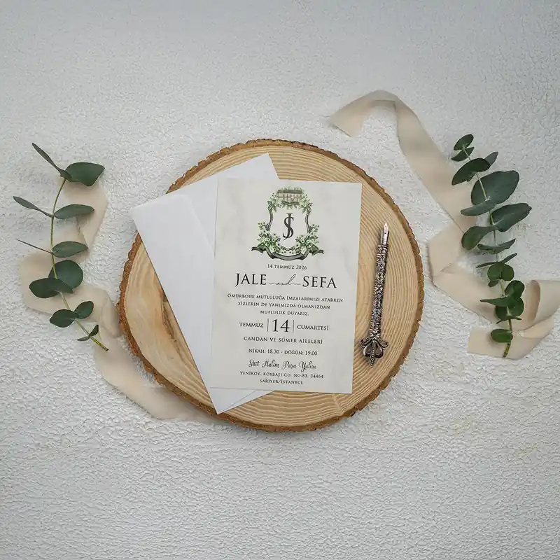 Ekonom 9343 beyaz zarf, beyaz, yeşil çelenk monogramlı kart davetiye, ikinci görünüm