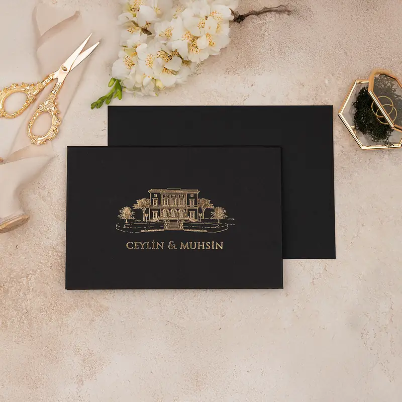 Luxury 5102 Zarflı davetiye, siyah, altın yaldız yapı çizimli yatay davetiye (zarflı)