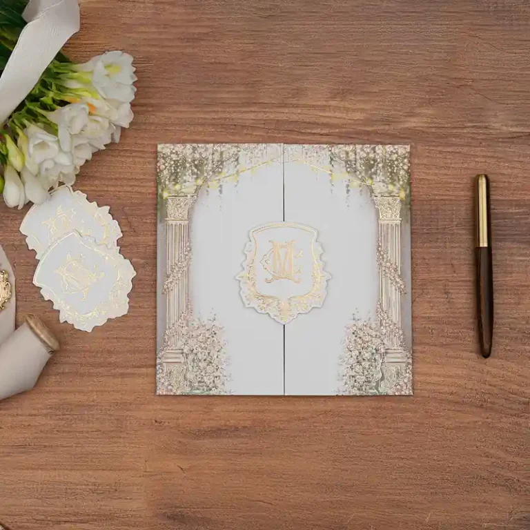 Luxury 5109 Jelatinli davetiye, sütun ve çiçek çizimli, altın monogramlı iki kanatlı kart (jelatinli)