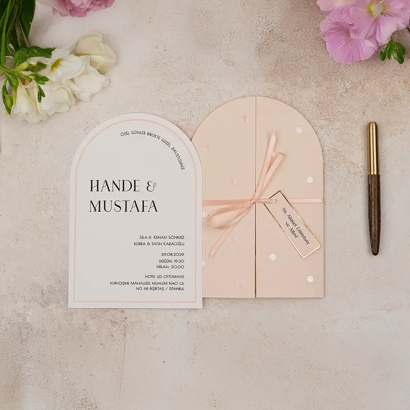 Luxury 5144 davetiye, pudra kemerli kapaklı, kurdeleli, krem kemerli kart