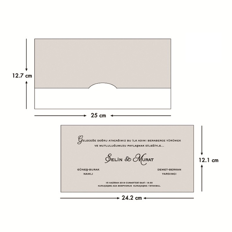 Sünnet 80902 davetiye ölçü şeması (25 x 12,7 cm, 24,2 x 12,1 cm)