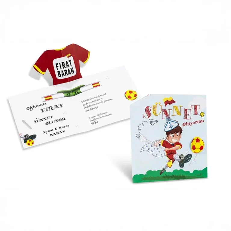 Sünnet 80905 davetiye, kırmızı-sarı forma çıkıntılı, futbol temalı açılır kart