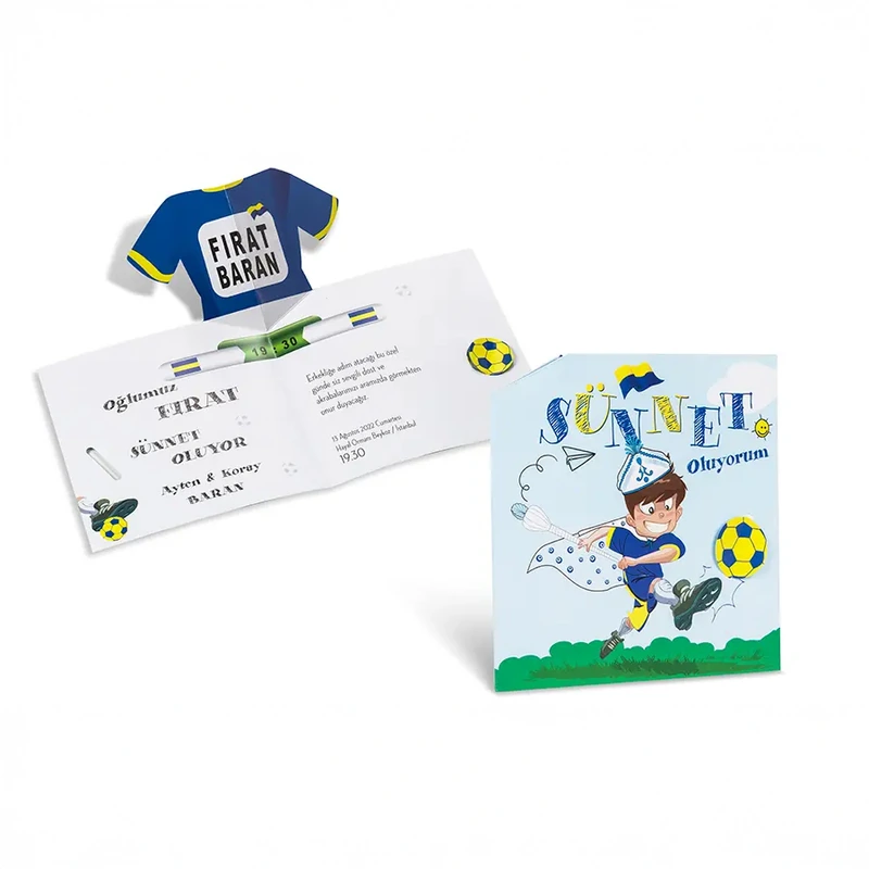 Sünnet 80907 davetiye, lacivert-sarı forma çıkıntılı, futbol temalı açılır kart