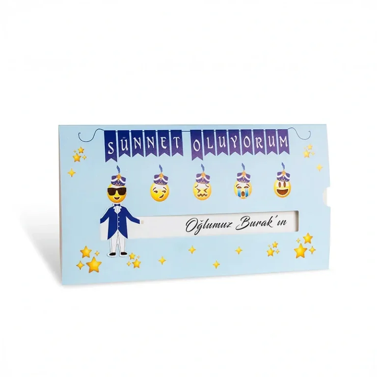Sünnet 80936 davetiye, emoji yüzlü, açık mavi zeminli, isim şeritli yatay kılıf
