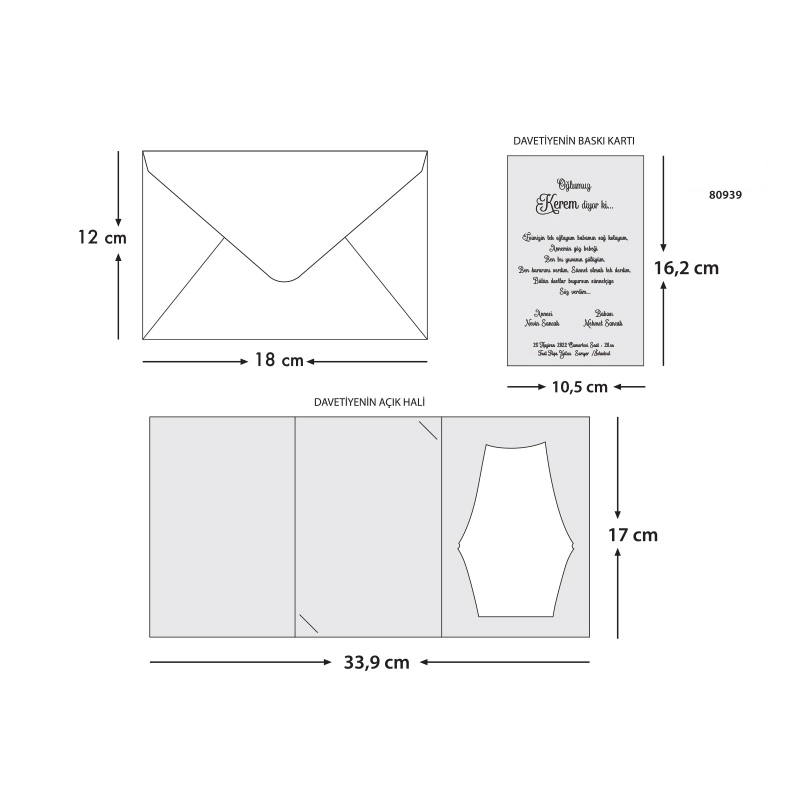 Sünnet 80939 davetiye ölçü şeması (33,9 x 17 cm, 10,5 x 16,2 cm, 18 x 12 cm)