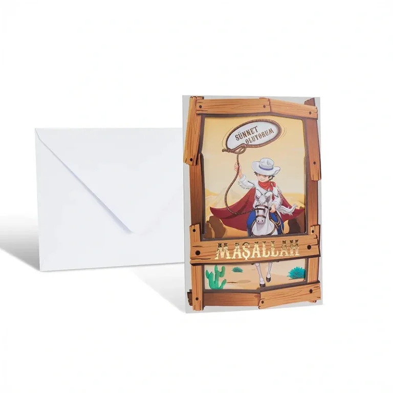 Sünnet 80941 davetiye, ahşap çerçeveli, kovboy temalı çocuk çizimli üç katlı kart