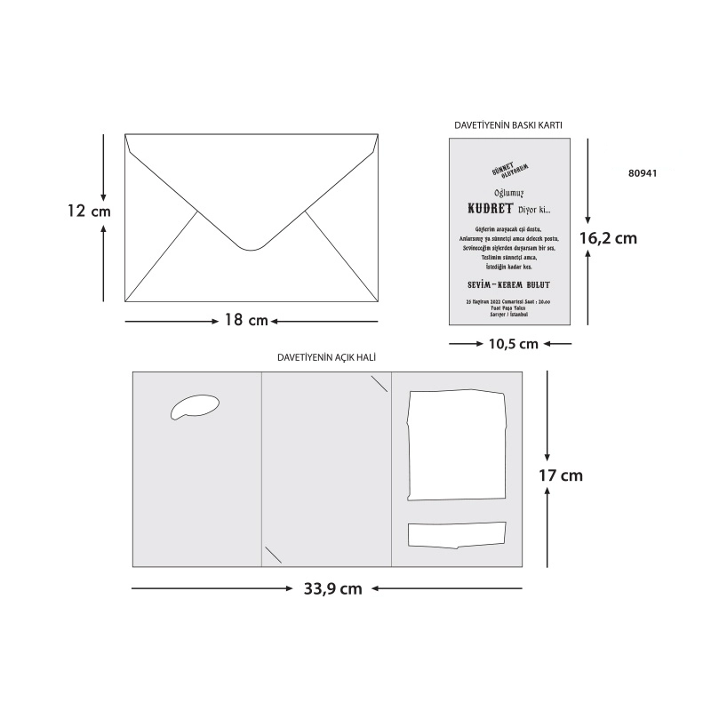 Sünnet 80941 davetiye ölçü şeması (33,9 x 17 cm, 10,5 x 16,2 cm, 18 x 12 cm)