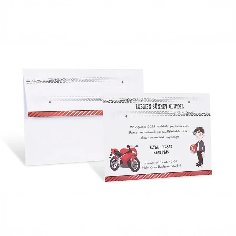 Sünnet 80975 davetiye, beyaz kartlı, kırmızı çizgili, motosiklet ve çocuk çizimli yatay davetiye