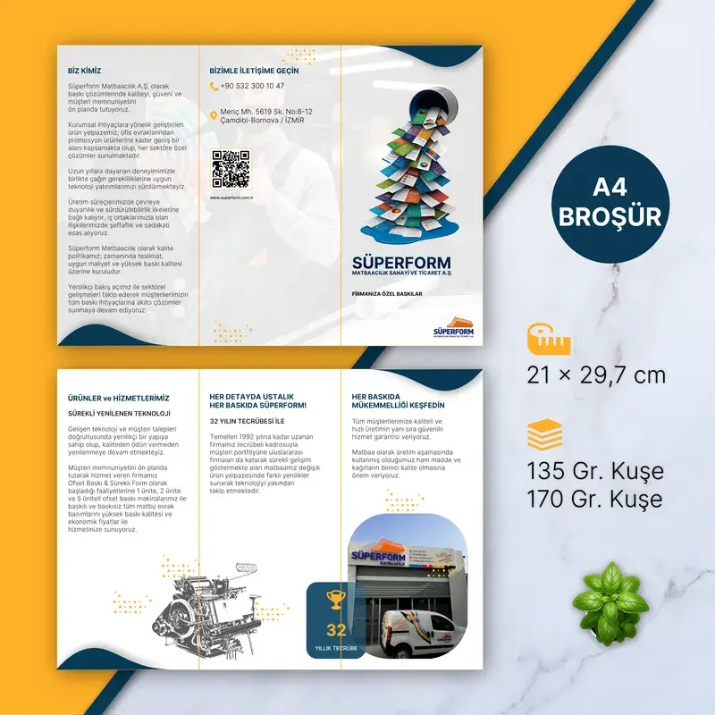 Üç kırımlı A4 broşür, iç ve dış yüz: 21×29,7 cm, 135 g veya 170 g kuşe