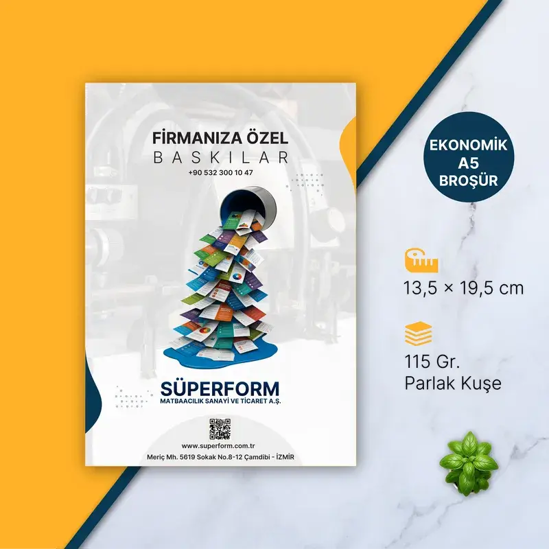 Ekonomik A5 broşür: 13,5×19,5 cm, 115 g parlak kuşe