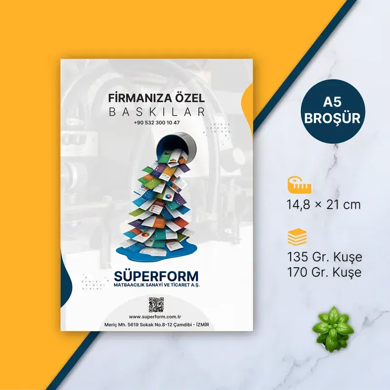 A5 broşür: 14,8×21 cm, 135 g veya 170 g kuşe