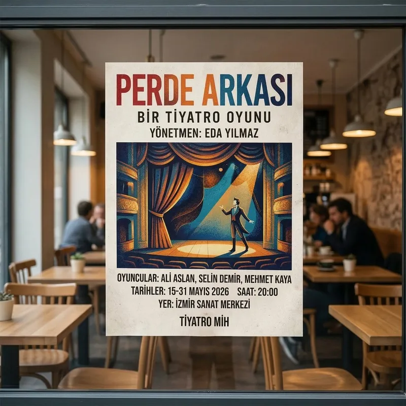 Kafe camına asılmış tiyatro oyunu afişi baskı örneği