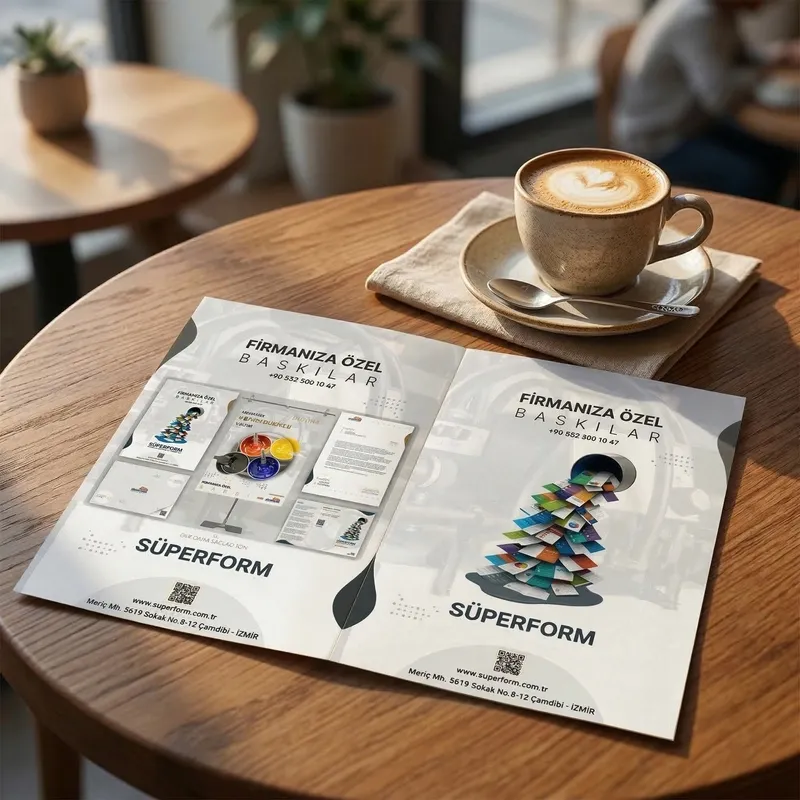 Kafe masasında iki yüzü baskılı insert broşür