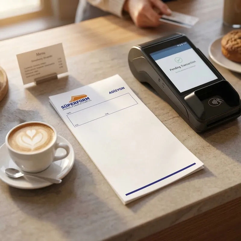 Kafe tezgâhında POS cihazının yanında otokopili adisyon