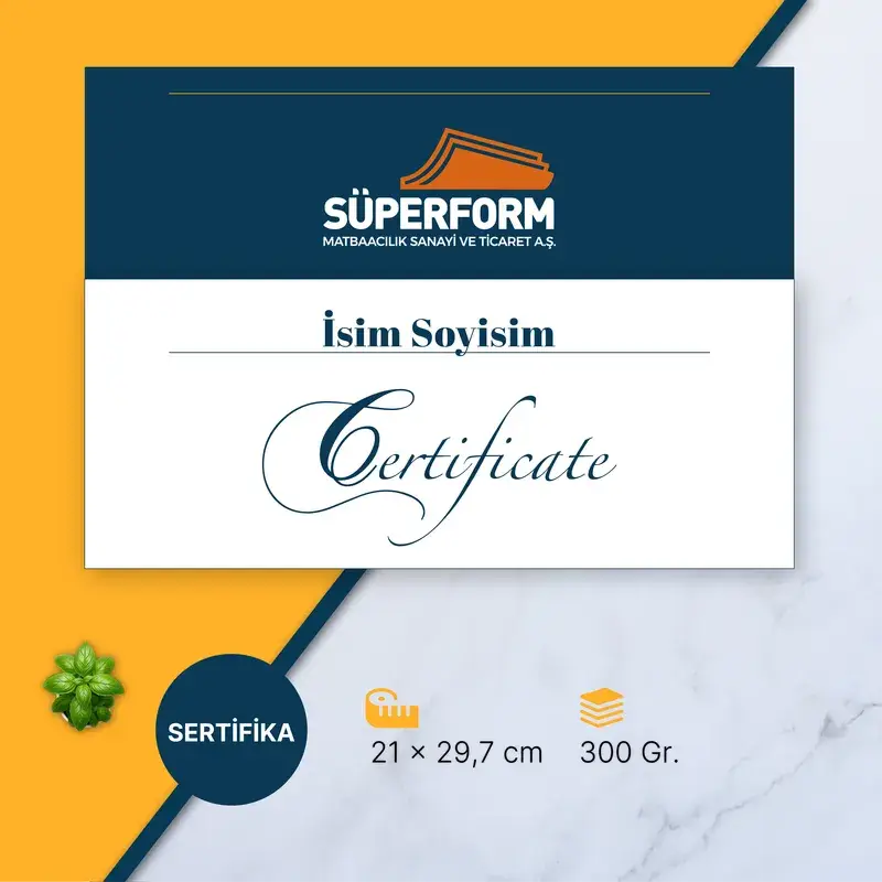 Baskılı sertifika örneği: 21×29,7 cm, 300 g