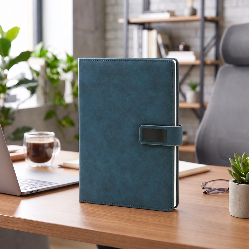 Defter DE1160 petrol mavisi renkli, metal plakalı kapak bantlı termo deri defter