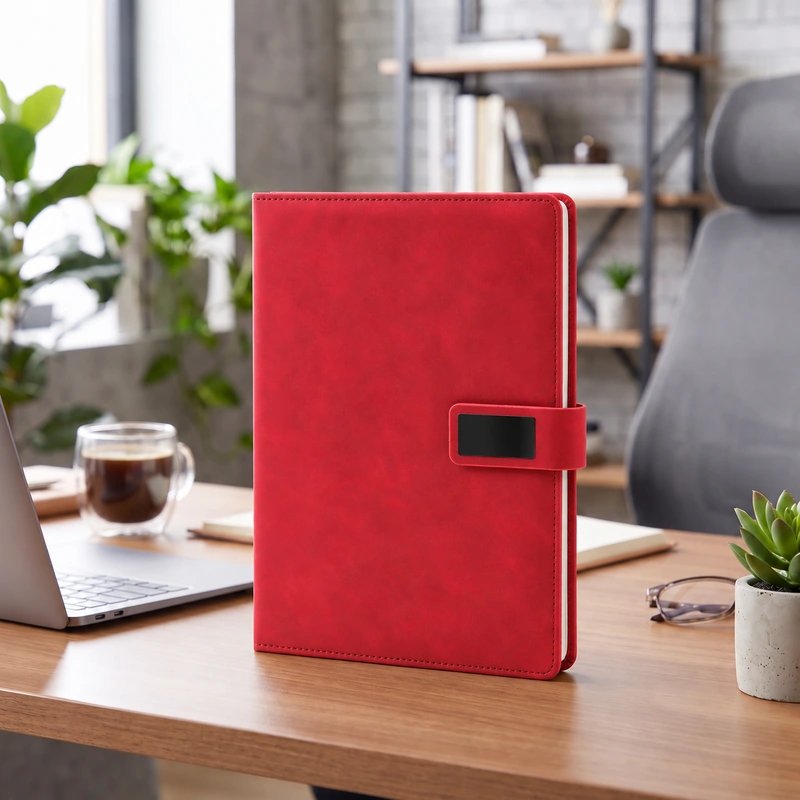 Defter DE1170 kırmızı renkli, metal plakalı kapak bantlı termo deri defter