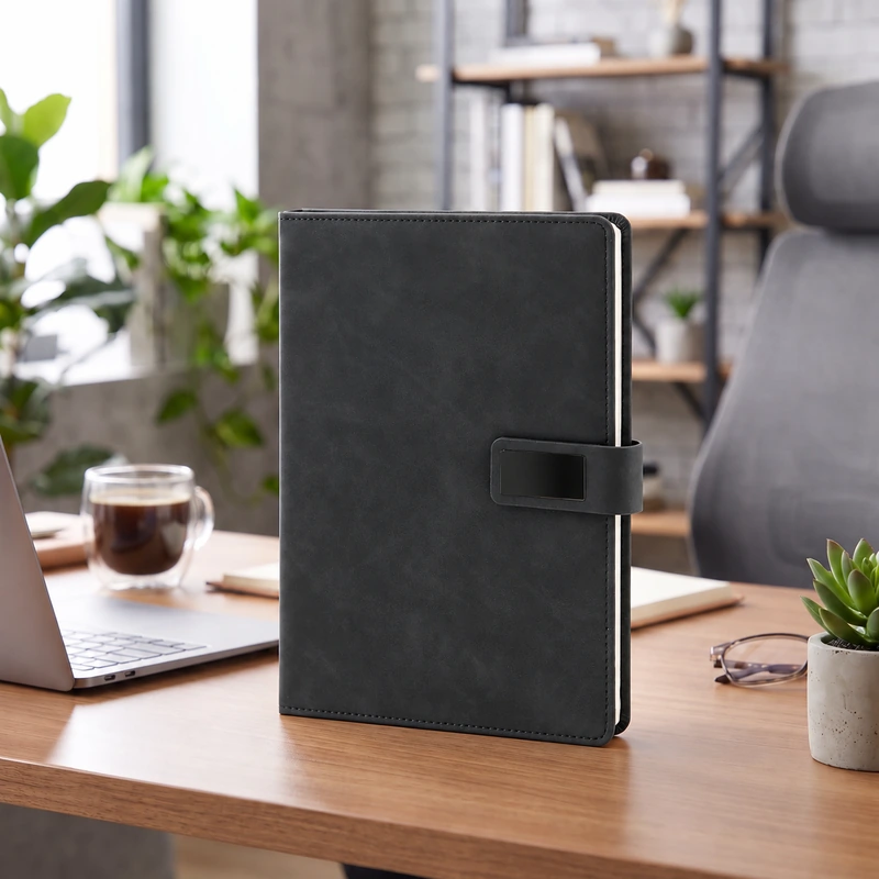 Defter DE1190 siyah renkli, metal plakalı kapak bantlı termo deri defter