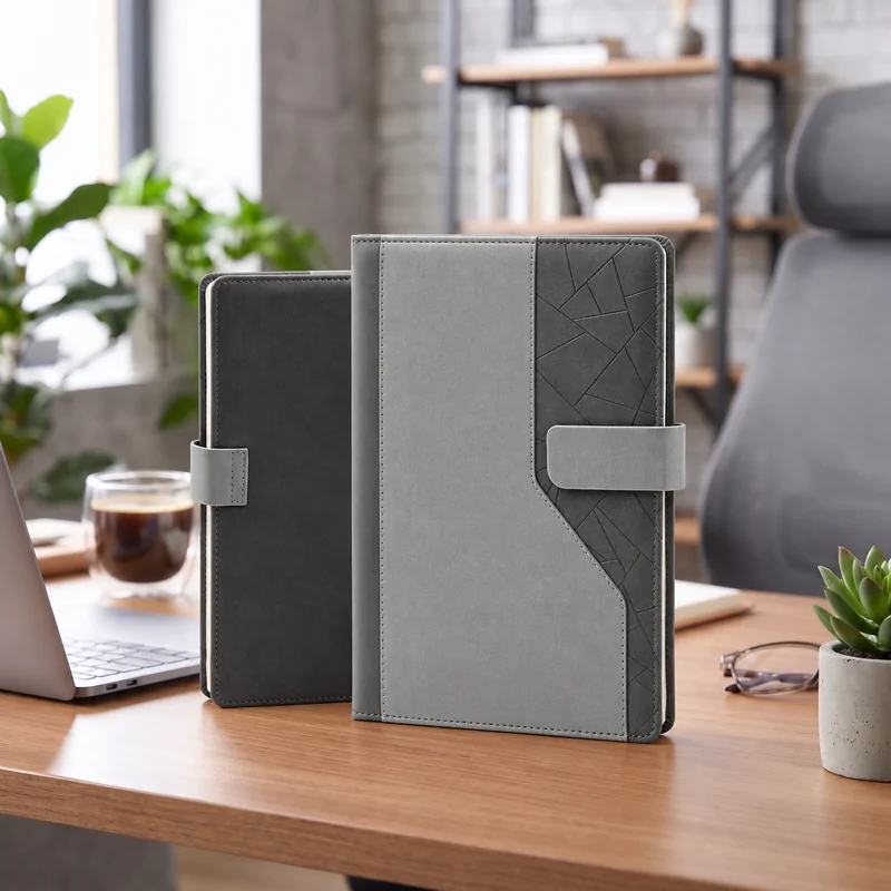 Defter DE3390 gri renkli, iki renkli kapak, kapama bantlı termo deri defter