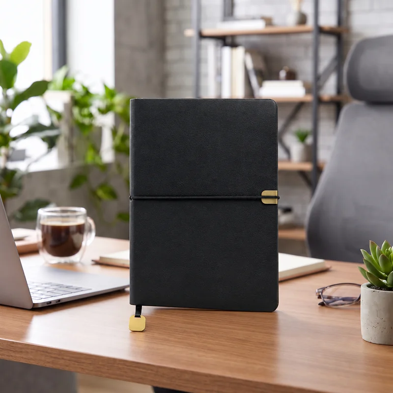 Defter DE4490 siyah renkli, lastik bantlı, altın tokalı termo deri defter