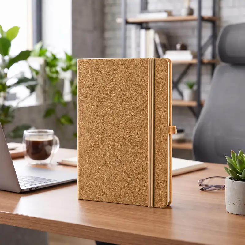 Defter DE5100 açık kahve (kraft tonu) renkli, lastik bantlı termo deri defter