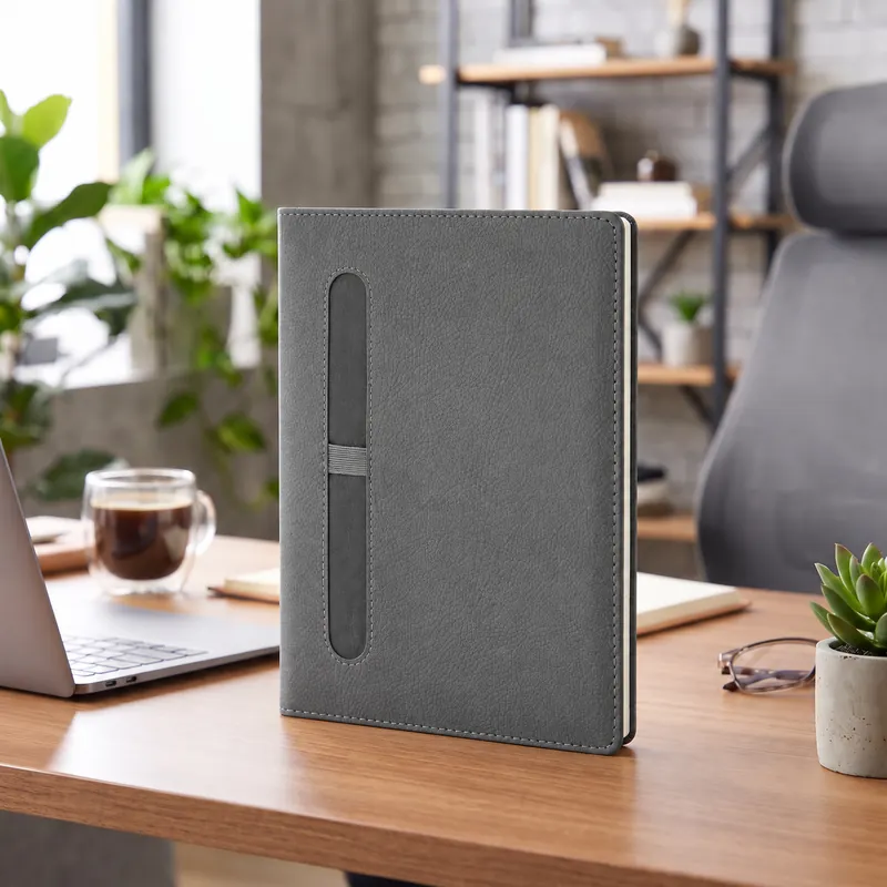 Defter DE62380 gri renkli, dikey kalem oyuklu termo deri defter