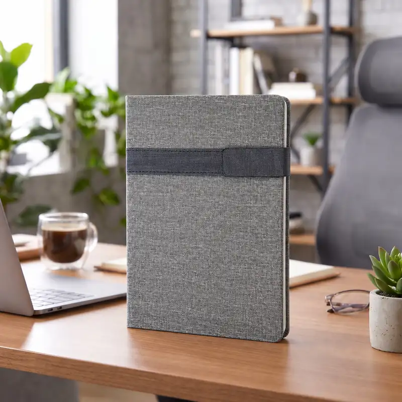 Defter DE8190 gri renkli, kumaş dokulu, geniş bantlı termo deri defter