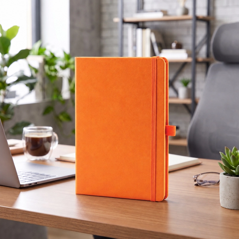 Defter DE9650 turuncu renkli, lastik bantlı termo deri defter