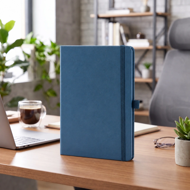 Defter DE9660 mavi renkli, lastik bantlı termo deri defter
