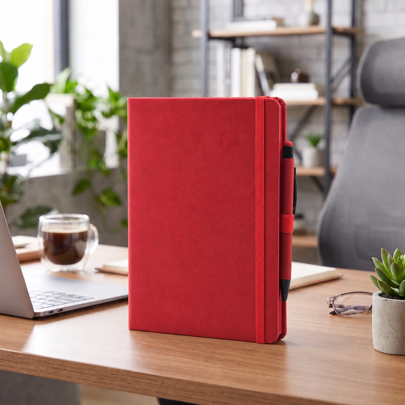Defter DE9670 kırmızı renkli, lastik bantlı termo deri defter