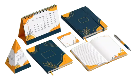 Logolu masa takvimi, piramit takvim, defter, not kâğıdı ve kalemden oluşan promosyon ürünleri seti